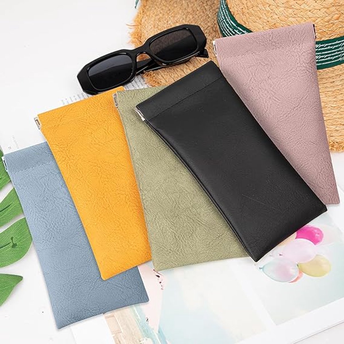Glasses Bag - 5 pieces - Sunglasses storage case for men and women - Glasses storage bag with automatic spring bar closure - Portable - 180*90mm - Leather glasses bag (Pink/Orange/Blue/Green/Black) - Image 3