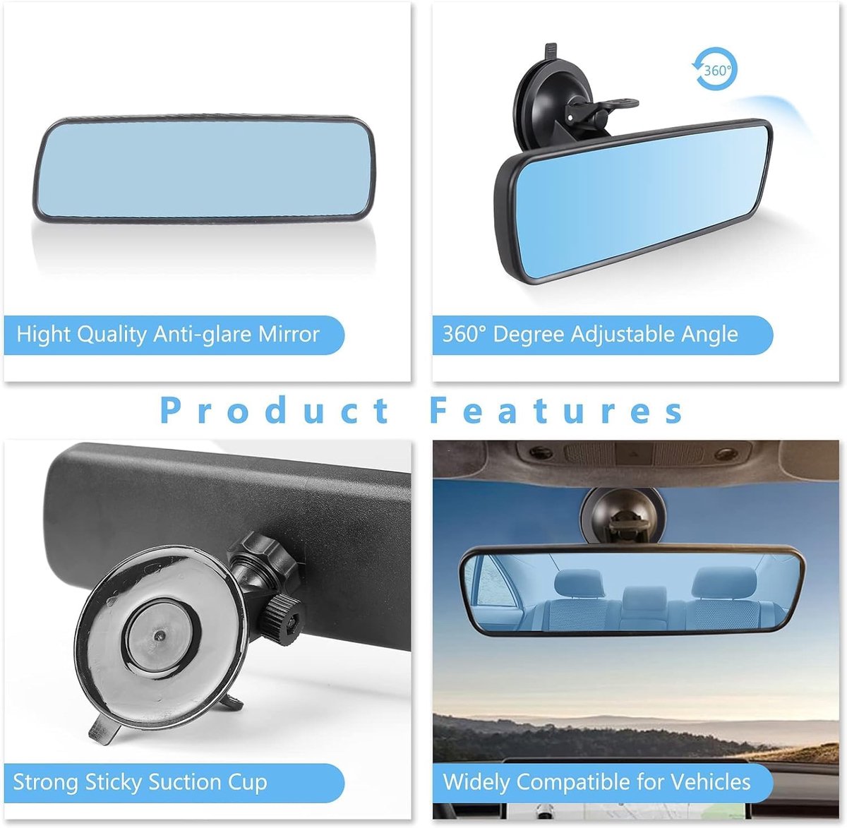 20*6 cm - car rearview mirror - rearview mirror - with suction cup - adjustable - car interior mirror - vehicle interior mirror reduces blind spots - universal - car accessories - for boats, trucks and SUVs - black - Image 3