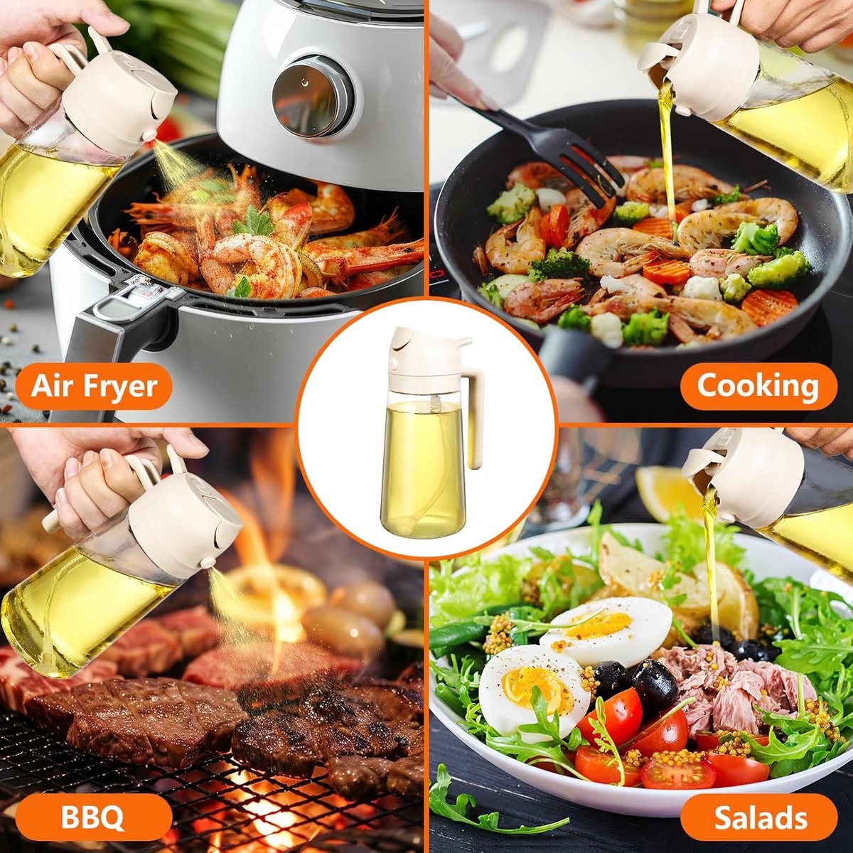 2-in-1 - Oil spray bottle - olive oil dispenser bottle - 470 ml - Olive oil sprayer - oil container - oil bottle - oil spray bottle - oil dispenser - oil atomizer - glass oil spray - kitchen utensil - spray and pour - for kitchen, BBQ, barbecue - white - Image 2