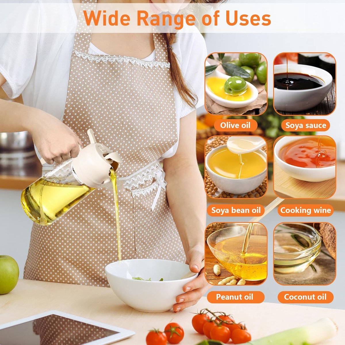 2-in-1 - Oil spray bottle - olive oil dispenser bottle - 470 ml - Olive oil sprayer - oil container - oil bottle - oil spray bottle - oil dispenser - oil atomizer - glass oil spray - kitchen utensil - spray and pour - for kitchen, BBQ, barbecue - white - Image 4