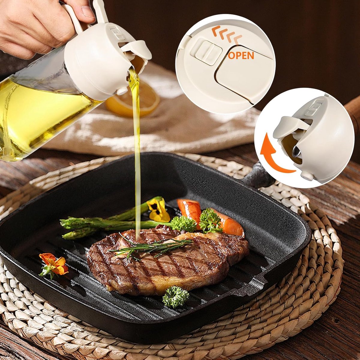 2-in-1 - Oil spray bottle - olive oil dispenser bottle - 470 ml - Olive oil sprayer - oil container - oil bottle - oil spray bottle - oil dispenser - oil atomizer - glass oil spray - kitchen utensil - spray and pour - for kitchen, BBQ, barbecue - white - Image 5