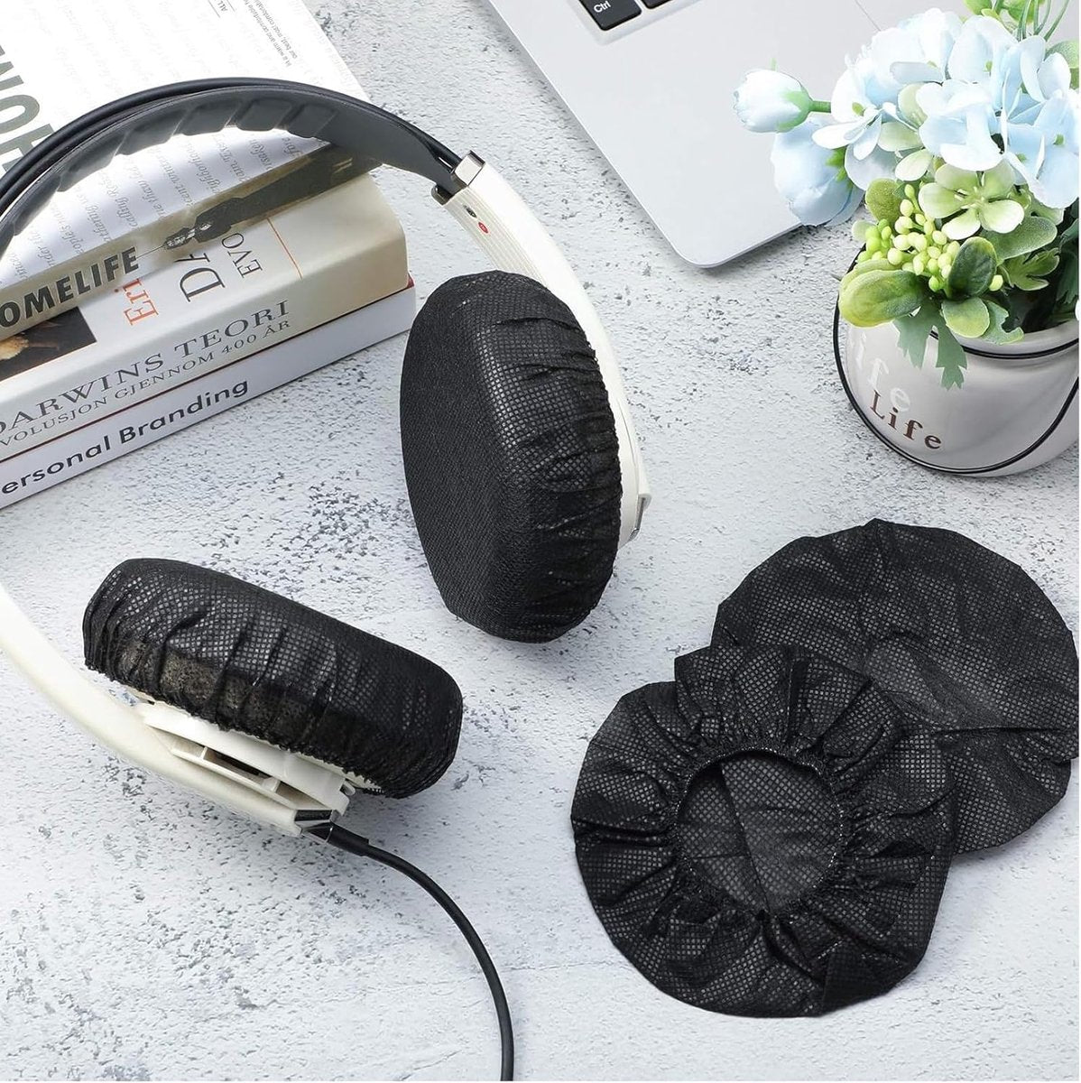 Elastic Headphone Hygiene Cases - 100 pieces - non-woven fabric headphone covers - replacement headphone hygiene cases - elastic stretch - universal - cover case 11cm - for home, sports and office - Black - Image 5