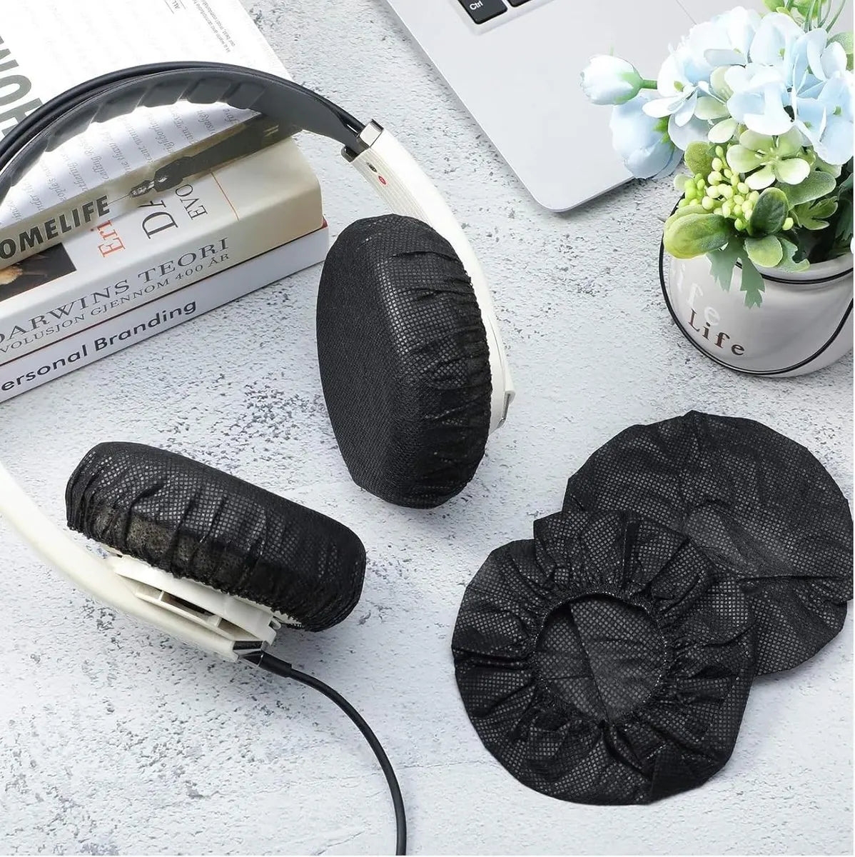 Elastic Headphone Hygiene Cases - 100 pieces - non-woven fabric headphone covers - replacement headphone hygiene cases - elastic stretch - universal - cover case 11cm - for home, sports and office - Black - Image 5