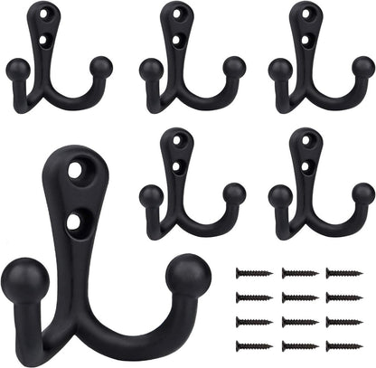 6 pieces - 54*49mm - Hook - Clothes hook - Retro double coat hooks - Wall hook - Metal hook - Universal hooks - with 12 screws - for coat, scarf, bag, towel, key, cap, cup, hat - black