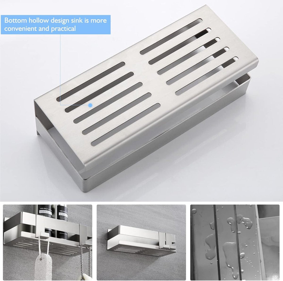 Stainless Steel Shower Rack - No Drilling Required - Wall Rack - Shower Rack - Shower Rack - Self-adhesive Shower Basket - Small Wall Rack - With Perfect Grip - Bathroom Shelf - with 2 Hooks - Bathroom Rack Shelf - Shower Basket 22 cm - Silver - Image 5