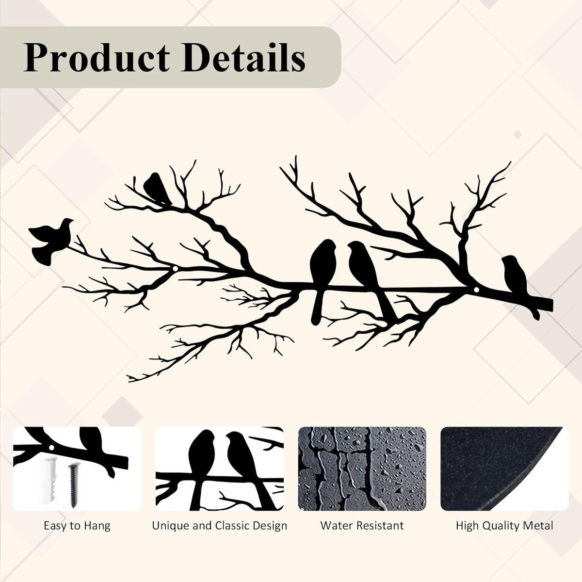 Metal Birds Wall Art - Metal Bird Wall Decoration - Vivid Birds on Branch Silhouette Wall Decor - Black Leaves with Bird - Tree Branch Silhouette - Outdoor Hanging Wall Sculpture - Hanging - for Home Balcony Garden - 43x18.6cm - Black - Image 3