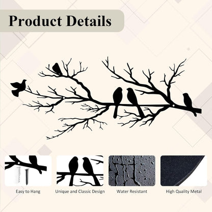 Metal Birds Wall Art - Metal Bird Wall Decoration - Vivid Birds on Branch Silhouette Wall Decor - Black Leaves with Bird - Tree Branch Silhouette - Outdoor Hanging Wall Sculpture - Hanging - for Home Balcony Garden - 43x18.6cm - Black - Image 3