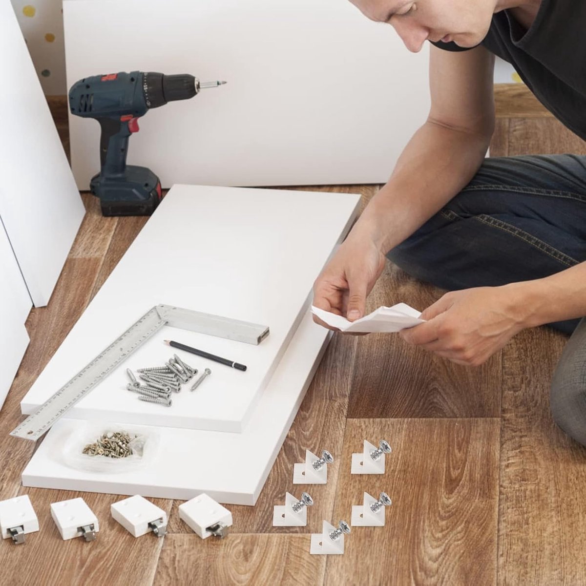 50 pieces - drawer wedges - drawer repair kit - L-shaped drawer wedges - with screws - mounting wedges - drawer back supports - cabinet shelf support - plastic drawer reinforcement repair kit - for home repair and furniture - 15*12.8*9.6 cm - white - Image 3