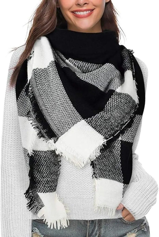 scarf - women's scarf - Women's Triangle Scarf - women's winter scarf - small scarves for women - Women's Wrap - Triangular scarf - Scarf with fringe - Faux cashmere - Warm for autumn and winter - Large checked tassel scarf - Black & White