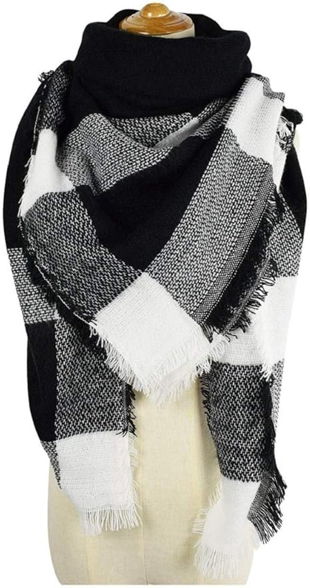 scarf - women's scarf - Women's Triangle Scarf - women's winter scarf - small scarves for women - Women's Wrap - Triangular scarf - Scarf with fringe - Faux cashmere - Warm for autumn and winter - Large checked tassel scarf - Black & White - Image 2