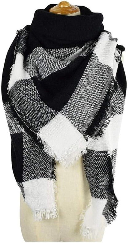 scarf - women's scarf - Women's Triangle Scarf - women's winter scarf - small scarves for women - Women's Wrap - Triangular scarf - Scarf with fringe - Faux cashmere - Warm for autumn and winter - Large checked tassel scarf - Black & White - Image 2