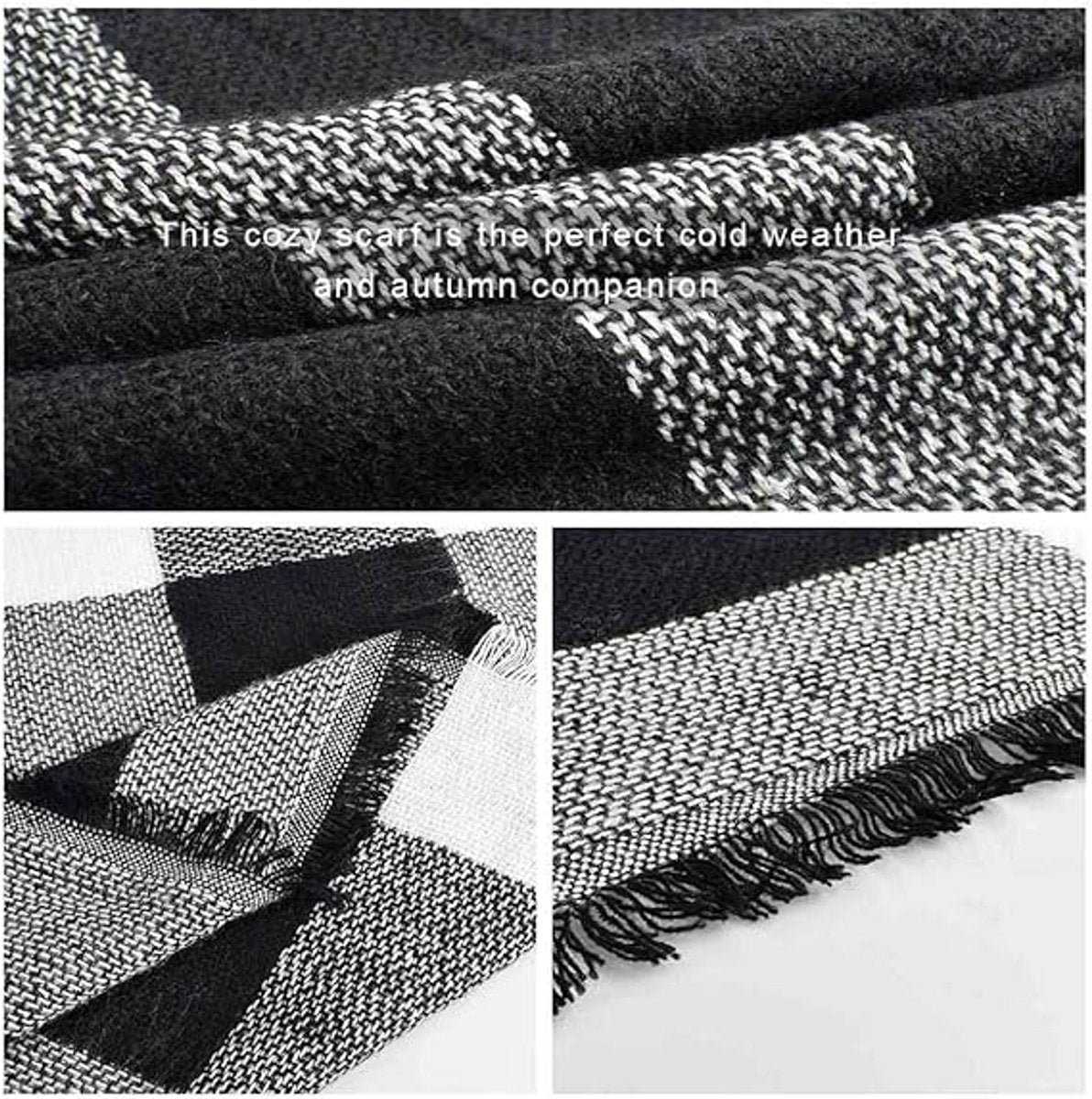 scarf - women's scarf - Women's Triangle Scarf - women's winter scarf - small scarves for women - Women's Wrap - Triangular scarf - Scarf with fringe - Faux cashmere - Warm for autumn and winter - Large checked tassel scarf - Black & White - Image 4