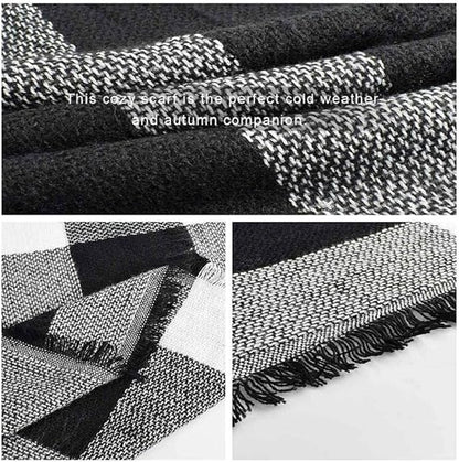 scarf - women's scarf - Women's Triangle Scarf - women's winter scarf - small scarves for women - Women's Wrap - Triangular scarf - Scarf with fringe - Faux cashmere - Warm for autumn and winter - Large checked tassel scarf - Black & White - Image 4