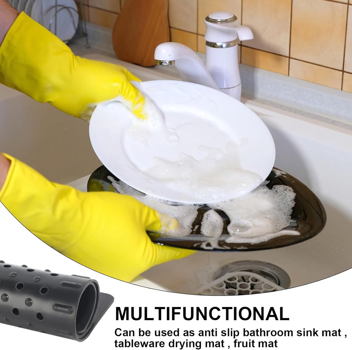 Two-piece sink mat - rubber sink mat - sink protector - sink mat - backsplash - sink protection - drain mat - under-sink kitchen mat - black - rectangular - 31.5 x 26 cm - Image 4