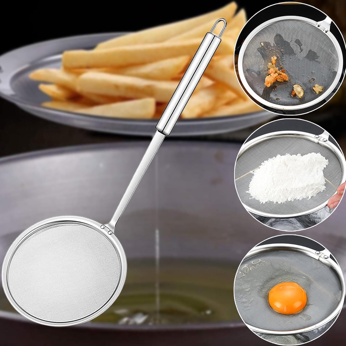 2 Pieces Stainless Steel Kitchen Sieve - Food Sieve - Sieve - Skimmer - Spoon-skimmer with handle and colander - Frying Spatula - for noodles / rice / vegetables / egg whites etc. - Colander - for filter residue - Skimmer Spoon - Silver - ø10 cm - Image 5