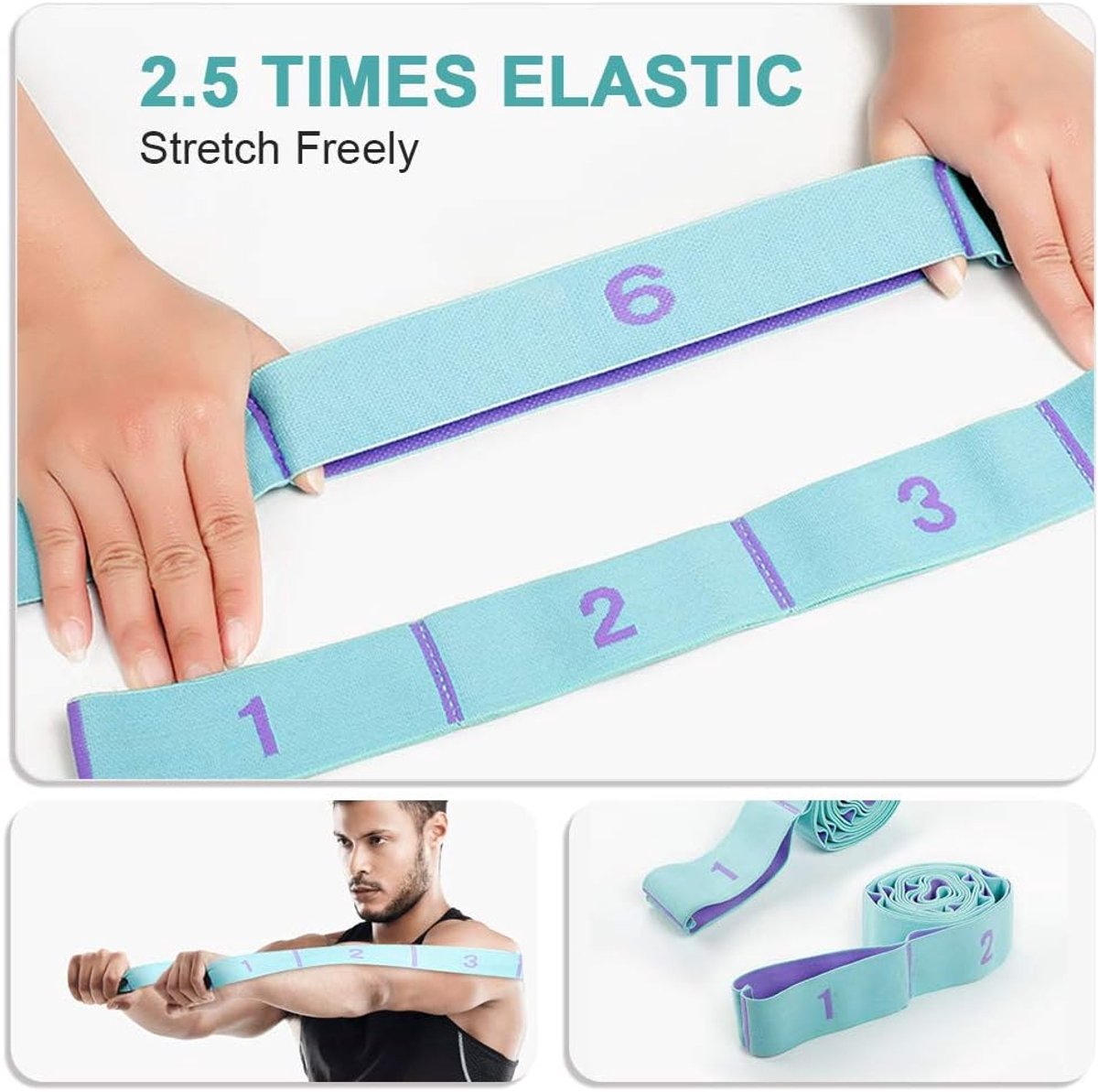 125*4 cm - Yoga resistance band - Yoga stretch band - Yoga exercise band - Stretch band - with 11 rings - Resistance band - for training, pilates, dance and fitness - blue purple - Image 2