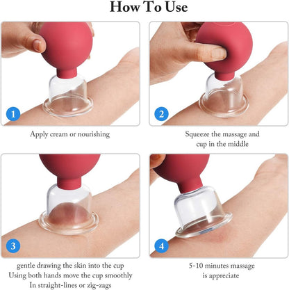 4-Piece Cupping Set - Silicone Face Cups - Cellulite Cups - Glass Facial Cupping Set - Facial Cupping - Vacuum Massage Therapy - Face Cupping - Massage Cups - cups for body, face, leg, arm, back, shoulder, muscle and joint pain - Red - Image 5