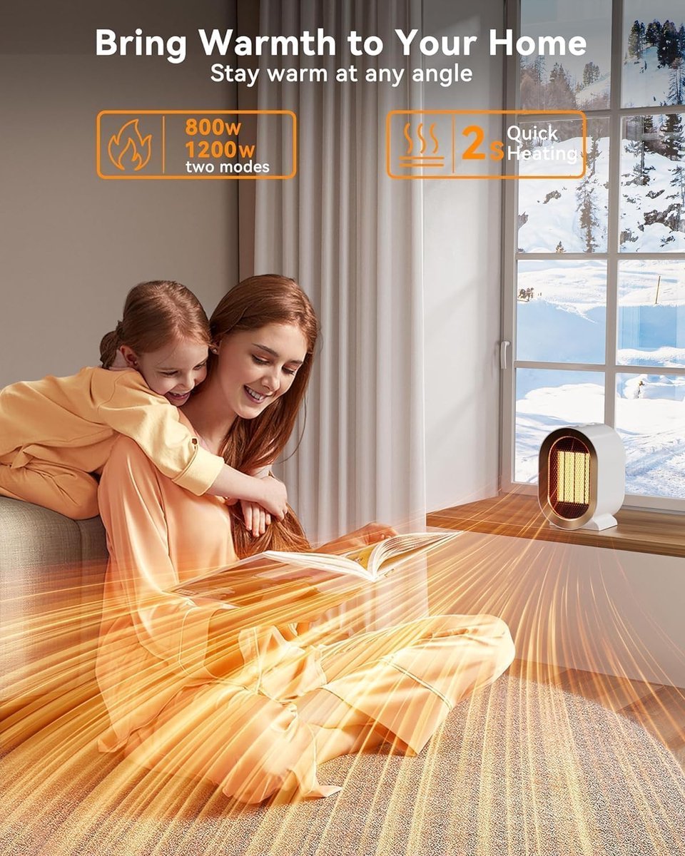Electric Heater - Indoor Electric Heating - Fan Heater - 800W/1200W - Heater - Socket - Ceramic Heater - Portable Indoor Heaters - With Adjustable, Overheating Protection, Shut-off Upon Discharge - White - Image 4