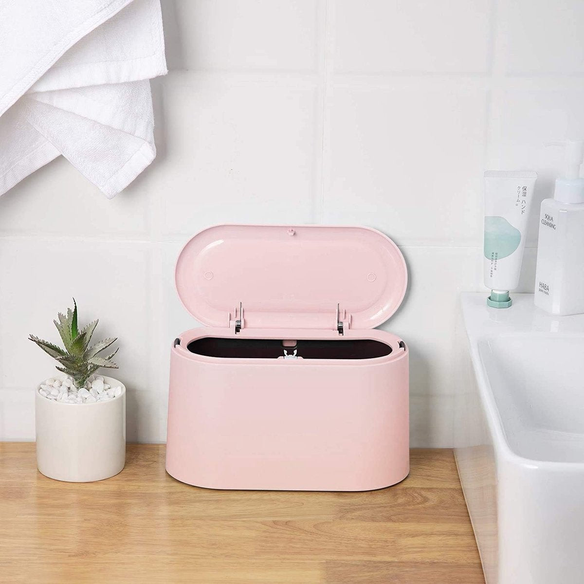 Small Trash Can - Small Tabletop Bin with Push Button Lid - Sturdy - Countertop Waste Bin - Trash Can - Tabletop Waste Bin - Plastic Trash Can - for Office, Bathroom, Kitchen and Bedroom - Pet Food Storage - Pink - Image 2