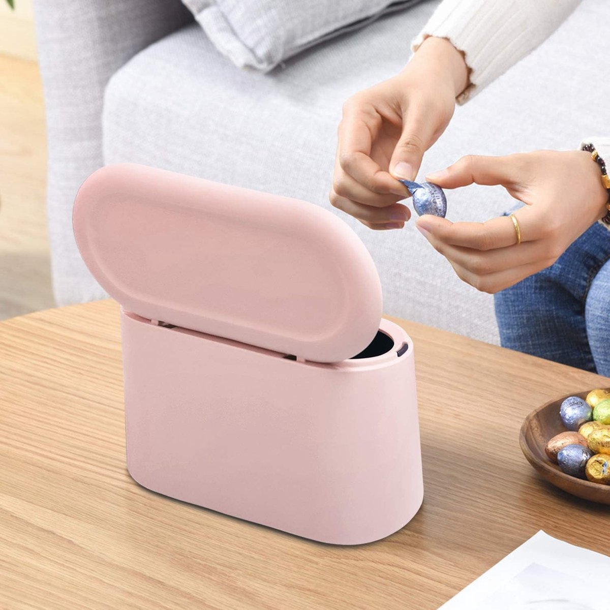 Small Trash Can - Small Tabletop Bin with Push Button Lid - Sturdy - Countertop Waste Bin - Trash Can - Tabletop Waste Bin - Plastic Trash Can - for Office, Bathroom, Kitchen and Bedroom - Pet Food Storage - Pink - Image 4