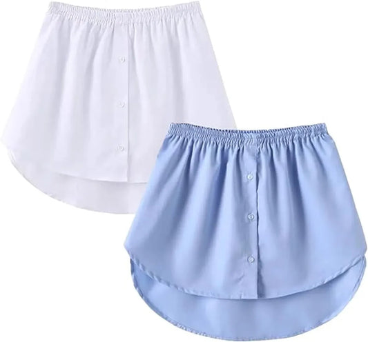 2-Piece Mini Adjustable Shirt Extender Removable Layering Half Length Underskirt with Buttons - False Hem - Fake Skirt Hem - Women's - White/Blue