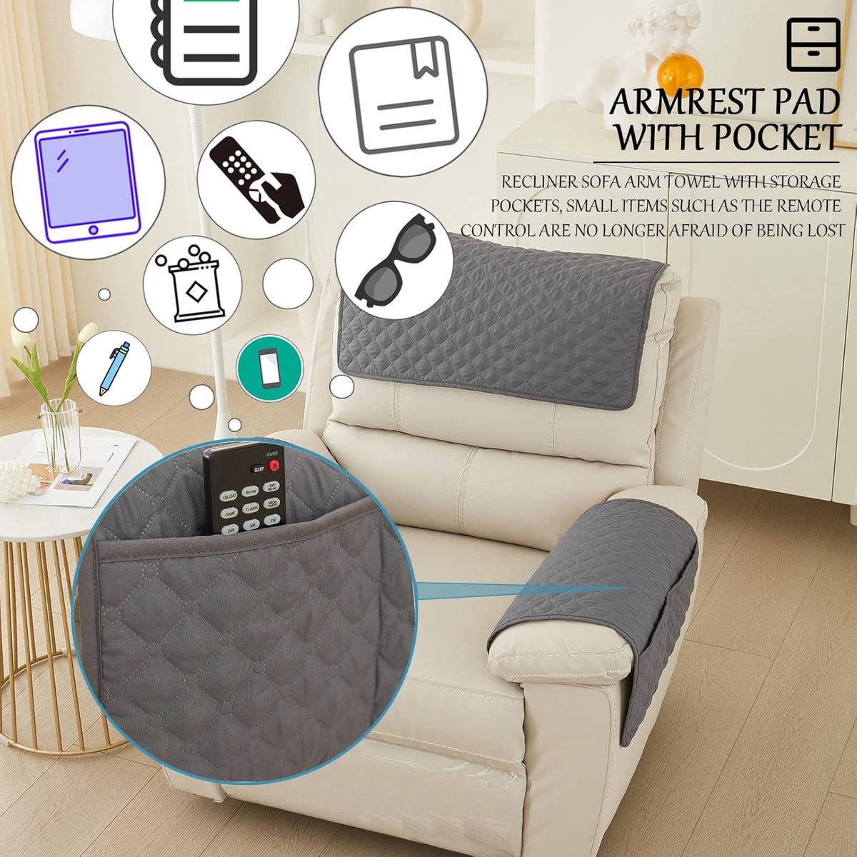 Sofa Cover - 3-Piece Set - Sofa Armrest Cover - Cushion Armrest Pad - Armchair Cover with Pockets - Sofa Protectors - Removable Headrest Cover - Sofa Remote Control Storage Bag - Non-Slip Furniture Protector - Image 4
