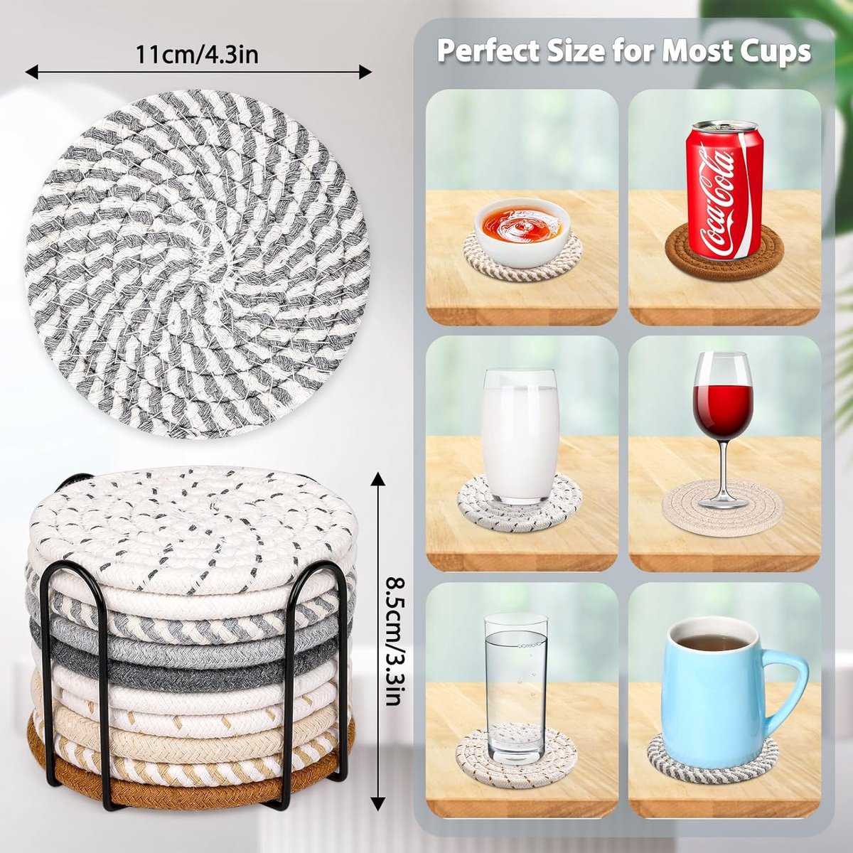 Set of 10 Round Coasters with Stand - Coaster Set - Thermal Insulation - Non-Slip Braided Cotton Coasters - Coasters for Glasses - for Glasses - For Drinks, Bar, Cups, Table Coasters - Grey/Khaki - Image 4