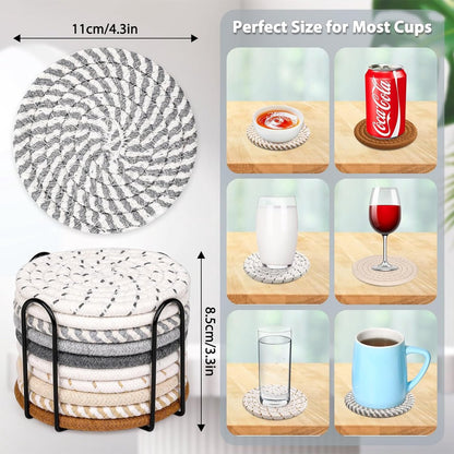 Set of 10 Round Coasters with Stand - Coaster Set - Thermal Insulation - Non-Slip Braided Cotton Coasters - Coasters for Glasses - for Glasses - For Drinks, Bar, Cups, Table Coasters - Grey/Khaki - Image 4