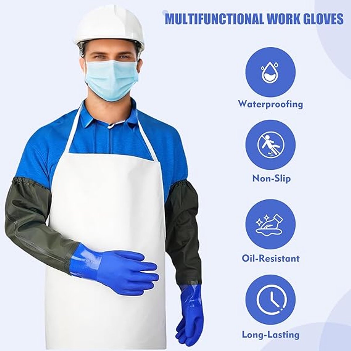 Long rubber gloves - Gloves - Waterproof gloves - Pond gloves - Car wash gloves - Clothing gloves - Care gloves - Waterproof/oil-resistant/acid- and alkali-resistant - waterproof PVC - 70 cm - blue - Image 2