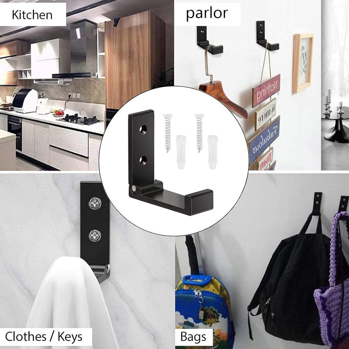 6 pieces - Foldable wall hooks - 6.7*7.5*2.5 cm - Clothes hook - concealable clothes hooks - heavy-duty wall hooks - aluminum hooks - with screws - foldable hooks - for hanging coats, bags, hats, and keys - black - Image 2