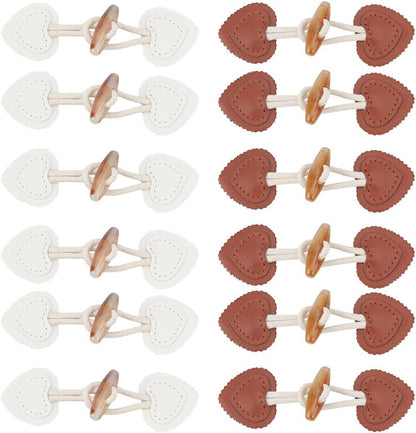 12 pieces - Leather Toggle Buttons - PU leather sew-on fasteners - Horn buttons for trench coats - sew-on fasteners - with resin buttons - leather fastening buttons - toggle buttons - for coats, sweaters, knitwear, jackets, DIY accessories - white, brown