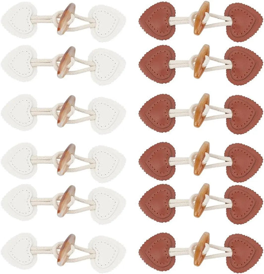 12 pieces - Leather Toggle Buttons - PU leather sew-on fasteners - Horn buttons for trench coats - sew-on fasteners - with resin buttons - leather fastening buttons - toggle buttons - for coats, sweaters, knitwear, jackets, DIY accessories - white, brown