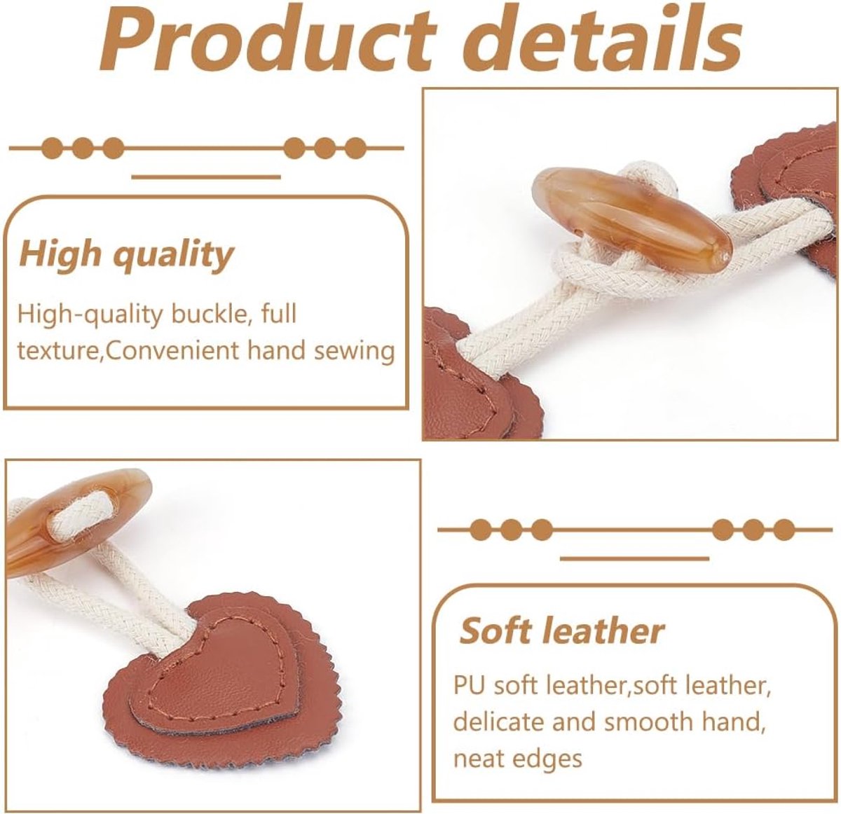 12 pieces - Leather Toggle Buttons - PU leather sew-on fasteners - Horn buttons for trench coats - sew-on fasteners - with resin buttons - leather fastening buttons - toggle buttons - for coats, sweaters, knitwear, jackets, DIY accessories - white, brown - Image 4