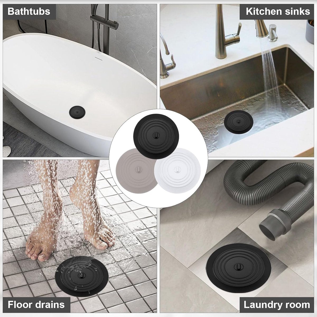 Drain Stopper - 3 Pieces - 15 cm Diameter - White, Grey and Black - Drain Plug - Universal Sink Stopper - Silicone - Bath Stopper - Anti-Clog - For Sink Washbasin Bath Shower Tray Kitchen Washbasin Bathtub Countertop - Image 4
