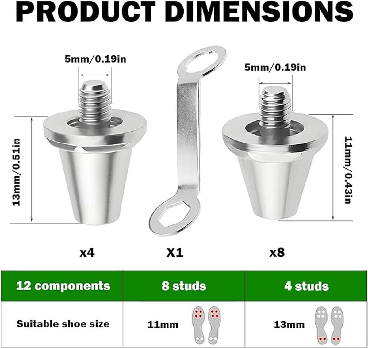 12 pieces - football studs - replacement metal football studs - 8 11mm and 4 13mm football studs - with tools - replacement football studs for football boots - football boot accessories - silver - Image 2