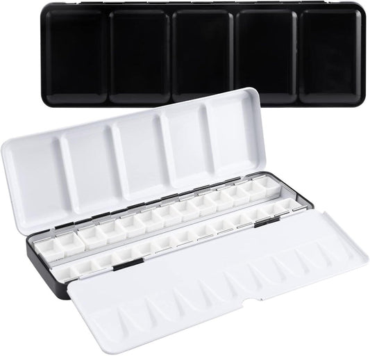 Watercolor paint box - 1 piece - Palettes - Paint box - Watercolor palette - Watercolor Palette Paint box - metal watercolor tin - with 26 small squares - foldable - with lid - for travel, gouache, oil paint, painting - 22*7*2 cm - black