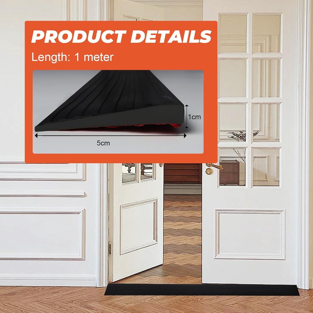 Threshold ramp - 1 m*10mm*50mm - Rubber threshold aid - Threshold ramps - Drive-up ramp - Threshold ramps for doors - Loading ramp - Threshold plate - Anti-slip - self-adhesive rubber threshold ramp - for wheelchairs, strollers and scooters - black - Image 4