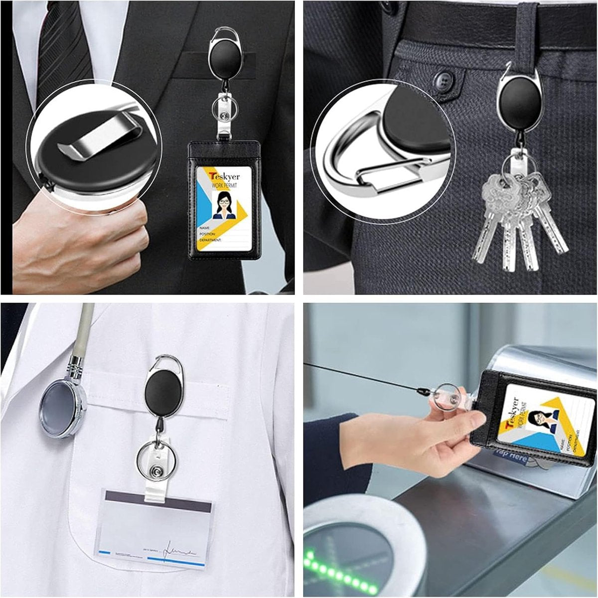 10 Retractable Badge Holders - Extendable Keychain - with Carabiner Belt Clip - D-Clip - Extendable Lanyard Keychain - Keys and Cards - Card Holder Drawstring - Keychain for ID Card Holder and Keychain - Image 2