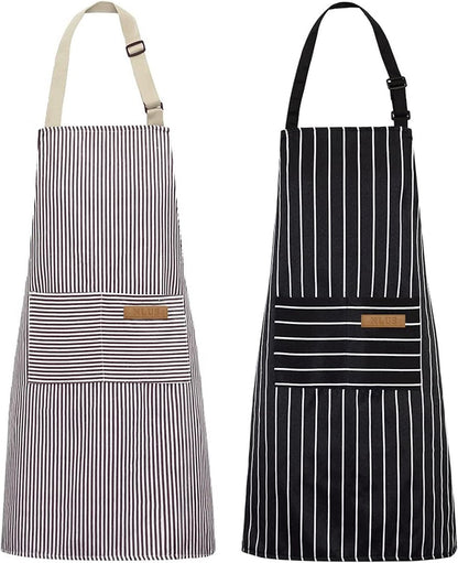 Kitchen Apron - 2 Pieces - Professional Cooking Apron - for Ladies and Gentlemen - Catering Apron - Easily Adjustable - BBQ Apron - Pottery Apron - Cooking Kitchen Aprons - kitchen cooking aprons - soft chef apron with 2 pockets - black/brown stripes