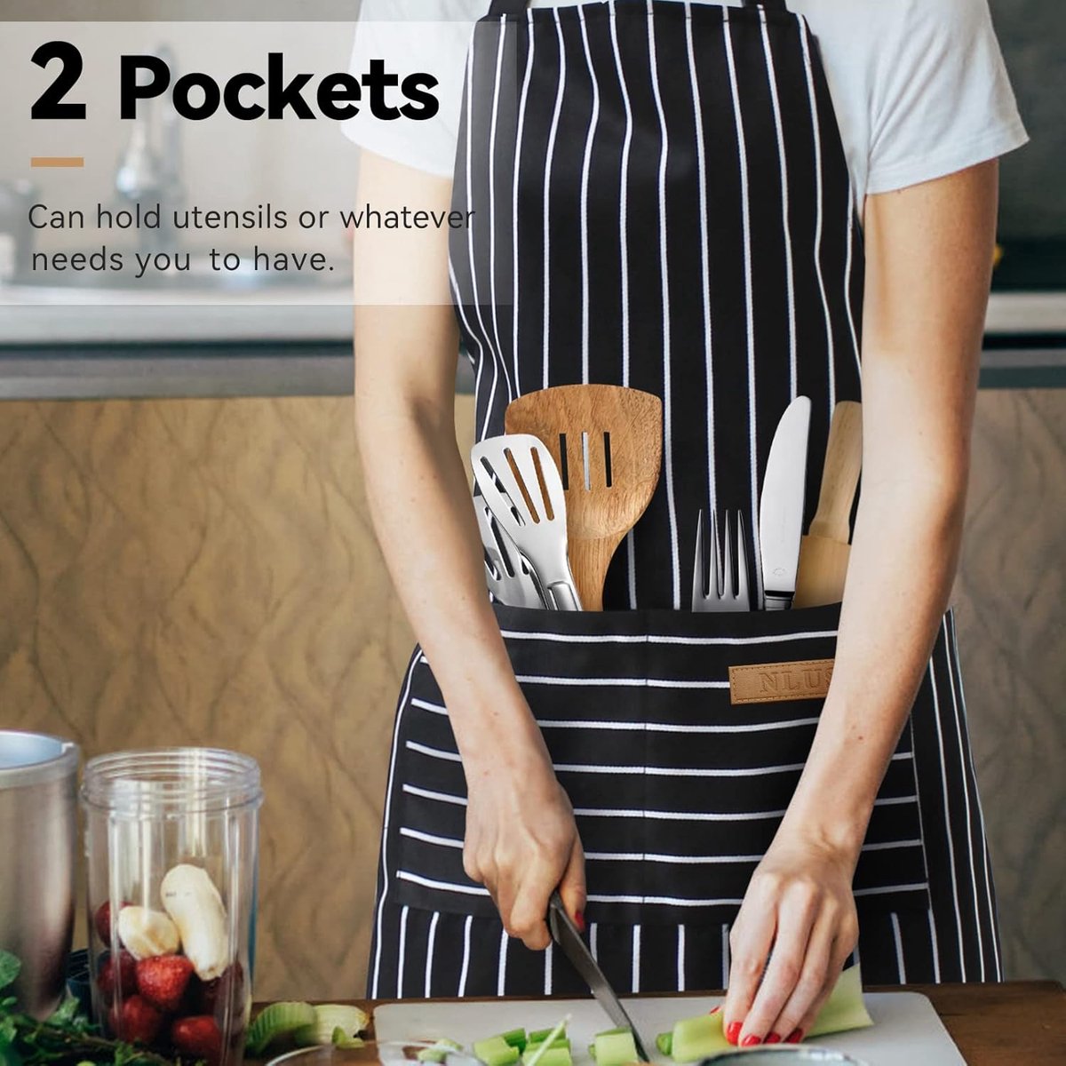 Kitchen Apron - 2 Pieces - Professional Cooking Apron - for Ladies and Gentlemen - Catering Apron - Easily Adjustable - BBQ Apron - Pottery Apron - Cooking Kitchen Aprons - kitchen cooking aprons - soft chef apron with 2 pockets - black/brown stripes - Image 2