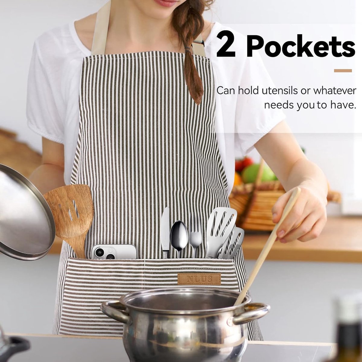 Kitchen Apron - 2 Pieces - Professional Cooking Apron - for Ladies and Gentlemen - Catering Apron - Easily Adjustable - BBQ Apron - Pottery Apron - Cooking Kitchen Aprons - kitchen cooking aprons - soft chef apron with 2 pockets - black/brown stripes - Image 4