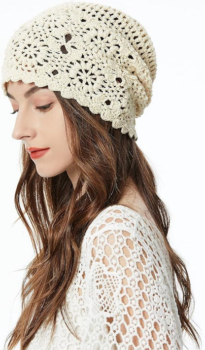 4-Piece Hat - Ladies' cotton crochet hat - Hand-knitted - Cotton hat for ladies crochet hats - Hand-knitted floral skull hats for autumn - cutouts - Knitted - Lightweight knitted hats for ladies - For Heads Of 55-61 Cm - Image 2