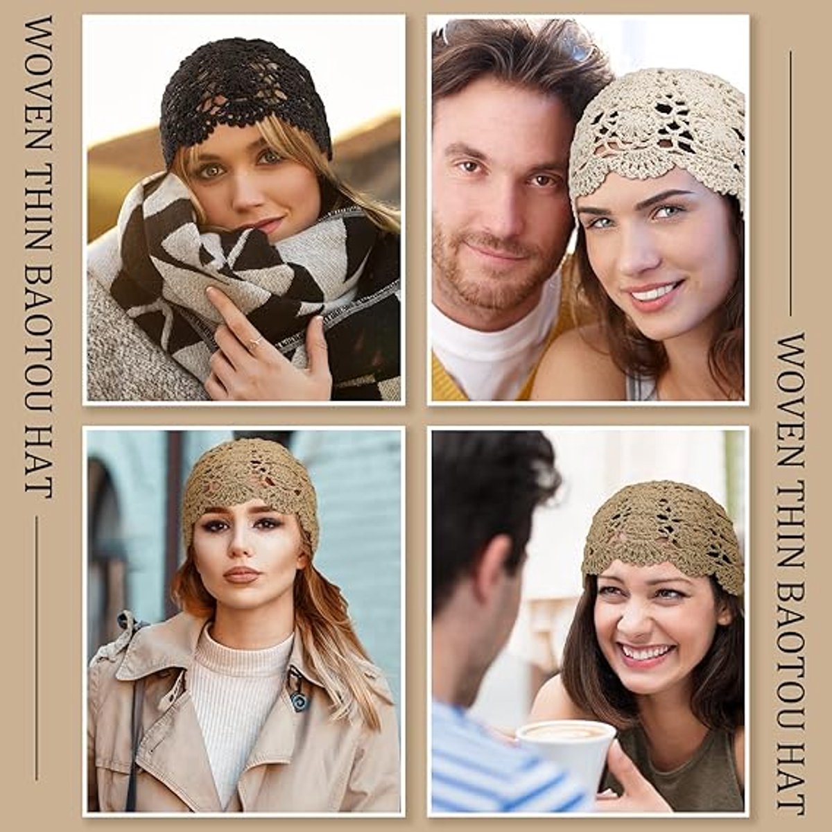 4-Piece Hat - Ladies' cotton crochet hat - Hand-knitted - Cotton hat for ladies crochet hats - Hand-knitted floral skull hats for autumn - cutouts - Knitted - Lightweight knitted hats for ladies - For Heads Of 55-61 Cm - Image 4