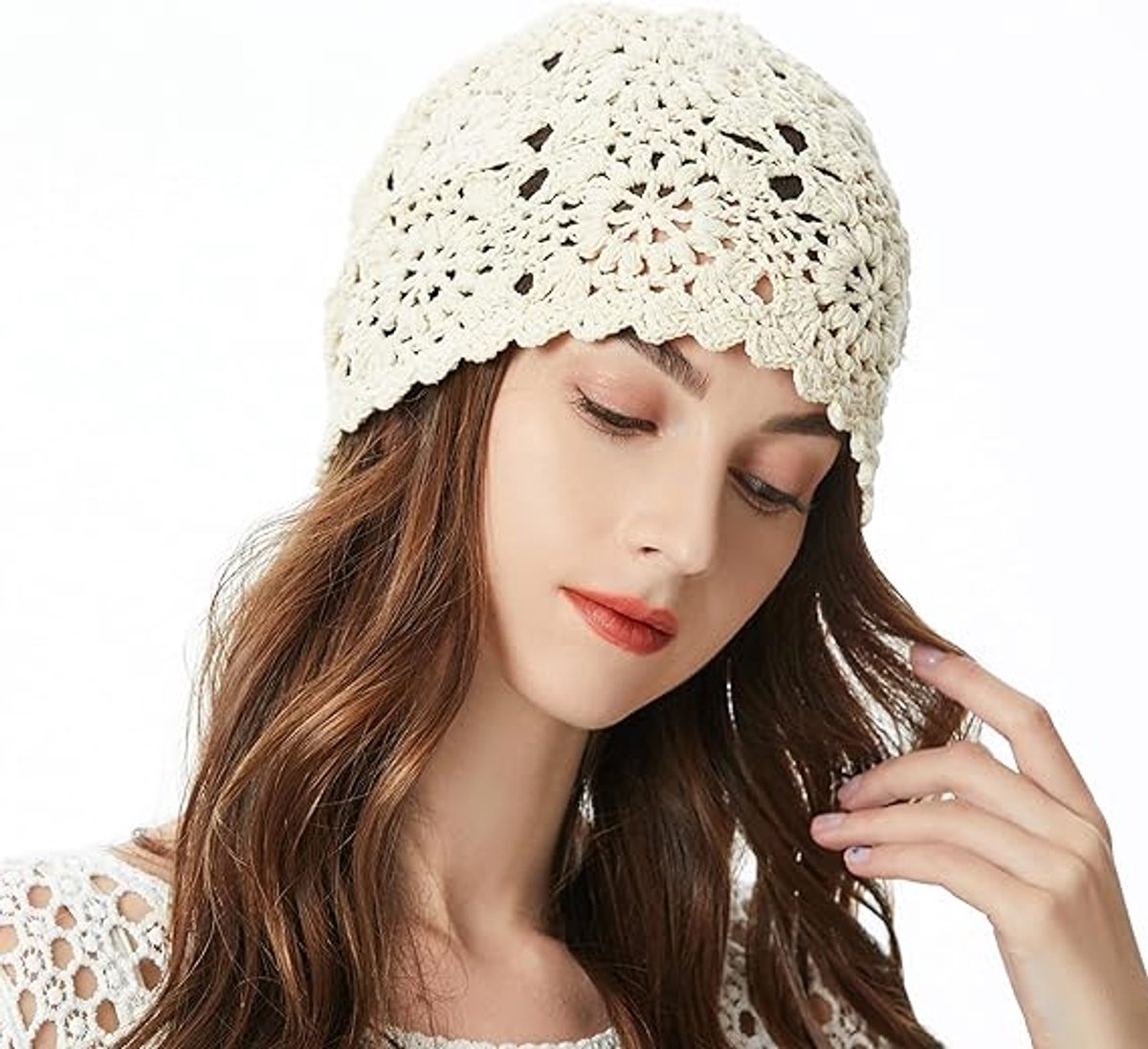 4-Piece Hat - Ladies' cotton crochet hat - Hand-knitted - Cotton hat for ladies crochet hats - Hand-knitted floral skull hats for autumn - cutouts - Knitted - Lightweight knitted hats for ladies - For Heads Of 55-61 Cm - Image 5
