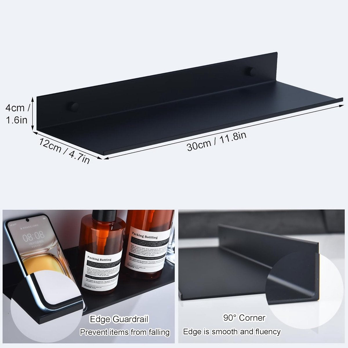 Bathroom Shelf - Wall-Mounted Shower Shelf - 2 Pieces - Soap Holder - Shelf - Modern Design Wall Shelves 30 cm - Bathroom Rack - Organizer - Metal Wall Shelf - Shower Shelf - for Bathroom, Living Room, Kitchen, Office - Shampoo Rack - Black - Image 4