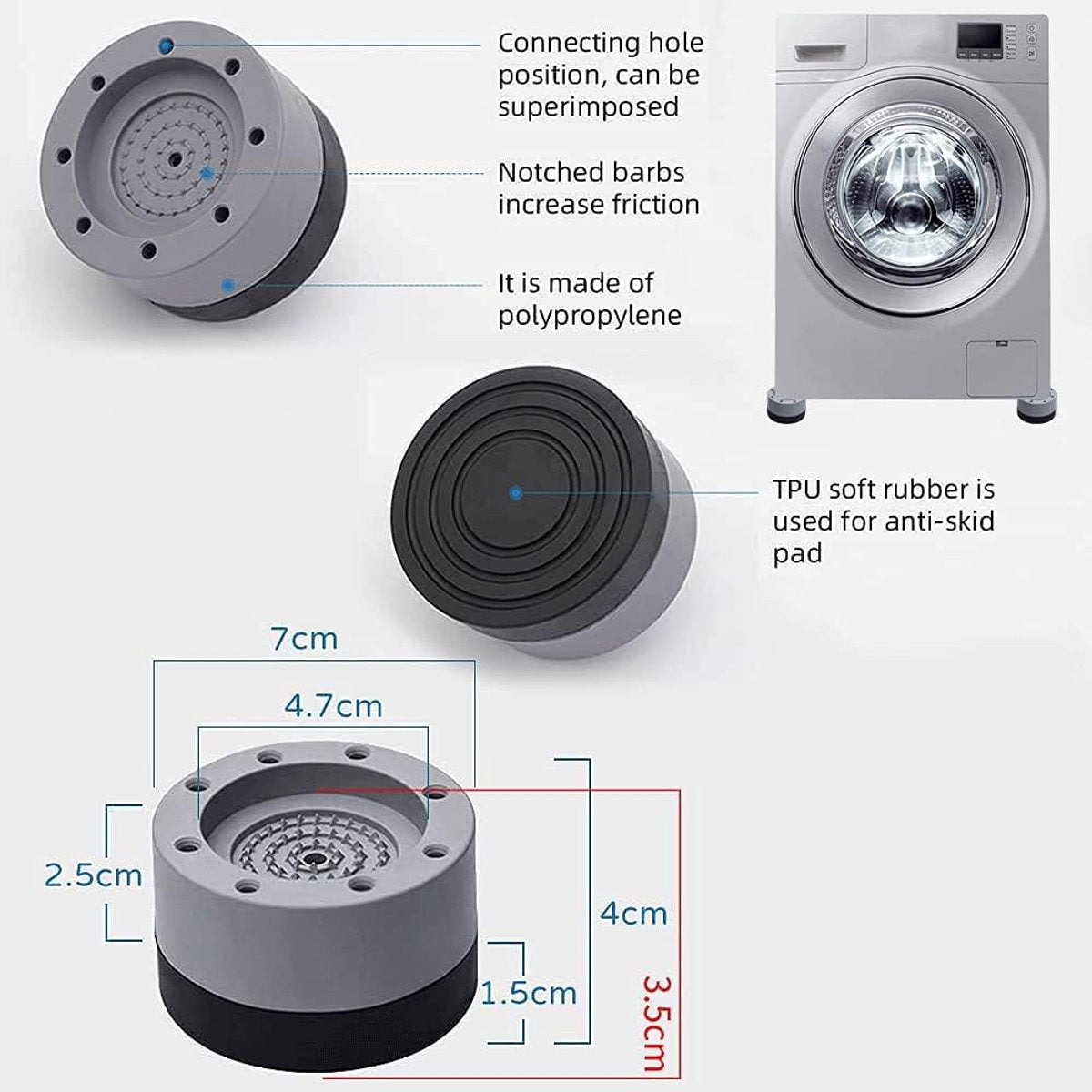 4 Washing Machine Feet - Universal Anti-Vibration Pads for Washing Machines - Washing Machine Vibration Dampers - Non-Slip Rubber Pads - Washing Machine Feet - Stabilizer Foot - Washing Machine Sound Damper - For Washing Machines, Dryers, and Furniture - Image 3