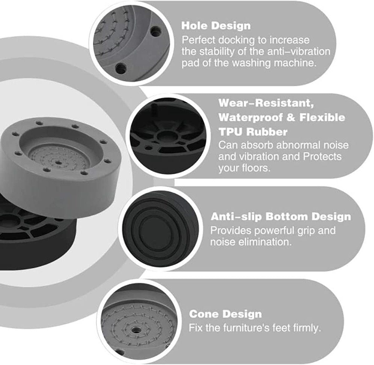 4 Washing Machine Feet - Universal Anti-Vibration Pads for Washing Machines - Washing Machine Vibration Dampers - Non-Slip Rubber Pads - Washing Machine Feet - Stabilizer Foot - Washing Machine Sound Damper - For Washing Machines, Dryers, and Furniture - Image 4