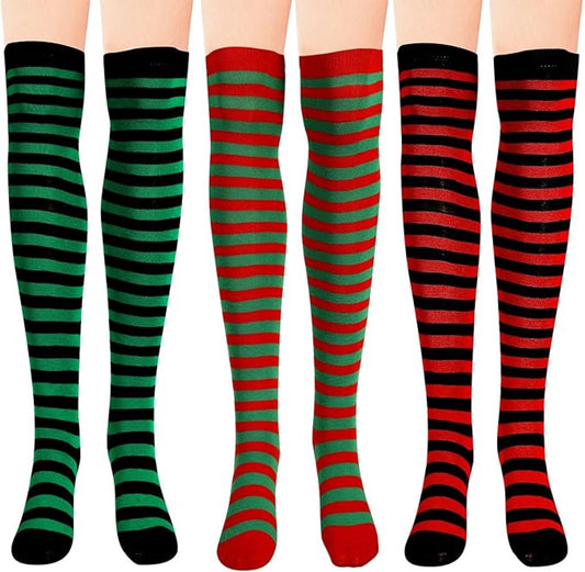 3 pairs - Socks - Christmas socks - knee socks - over-the-knee socks - long socks - high socks - elastic striped socks set - long striped Christmas socks - striped socks - sports socks - festive Christmas accessories - for cosplay costume parties