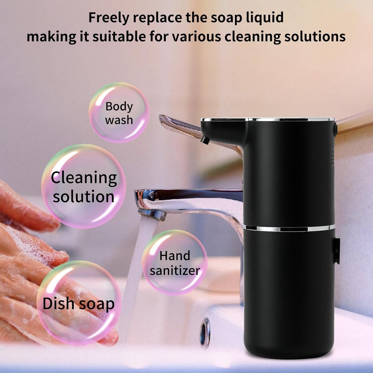 Soap Dispenser - Automatic Soap Dispenser - 350ml - Automatic Foam Soap Dispenser - Wall-Mounted Soap Dispenser - USB Rechargeable - 4 Adjustable Levels Soap Dispenser - For Bathroom and Kitchen - 19*11*7.5 cm - Black - Image 2