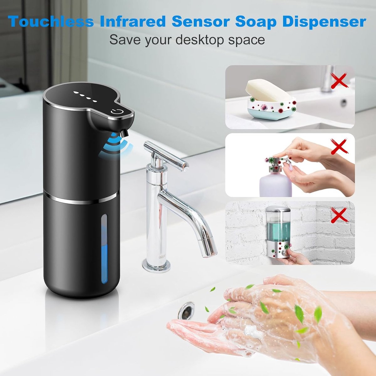 Soap Dispenser - Automatic Soap Dispenser - 350ml - Automatic Foam Soap Dispenser - Wall-Mounted Soap Dispenser - USB Rechargeable - 4 Adjustable Levels Soap Dispenser - For Bathroom and Kitchen - 19*11*7.5 cm - Black - Image 4